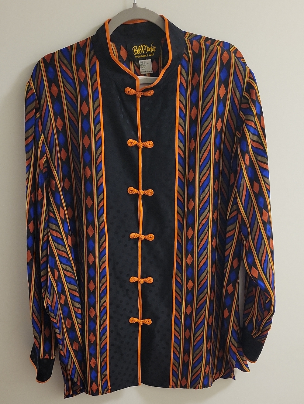 Bob Mackie Black Orange Blue Patterned Mandarin Shirt Jacket